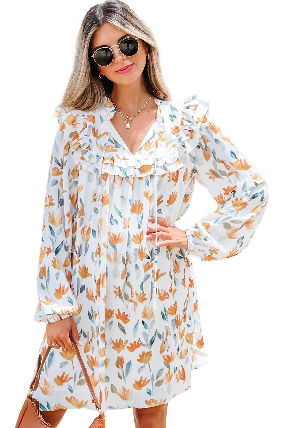 Yellow Floral Print Tie Neck Frilled Long Sleeve Mini Dress Dear-Lover Dropshipping
